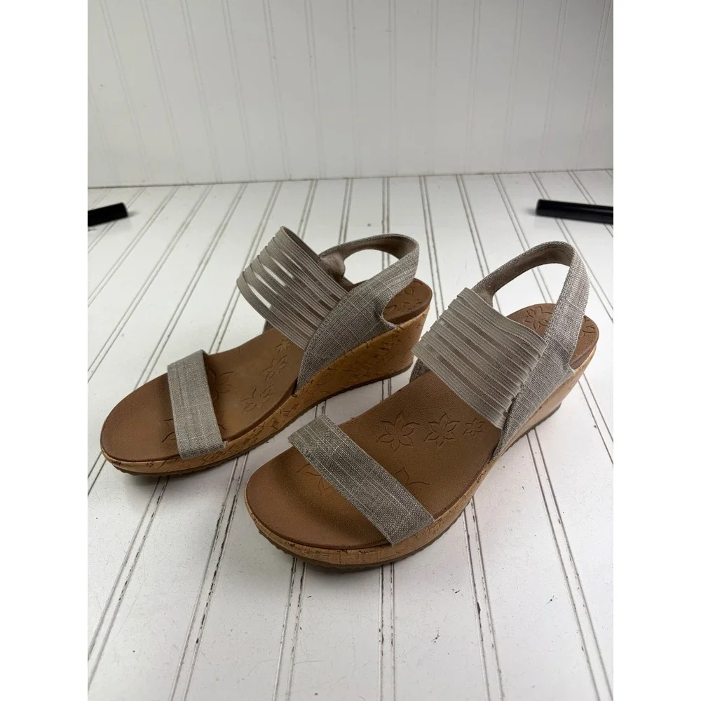 Skechers Rumblers Beverley Taupe Strappy Cork Wedge Sandals Women's Size 9.5